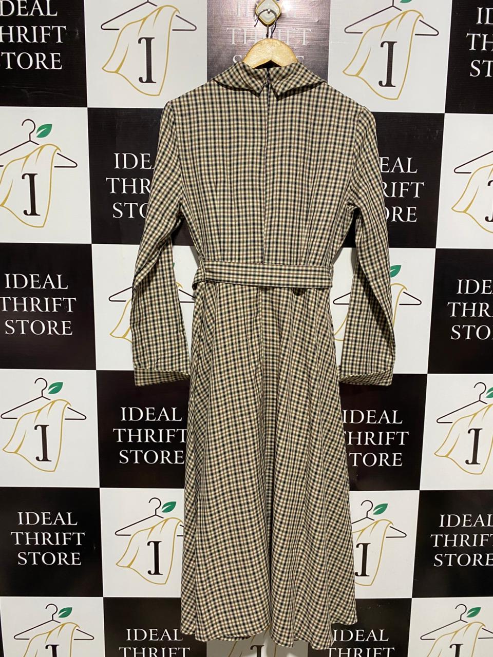 SHEIN |L| BUST 17| WOMEN’S BROWN AND BEIGE CHECKERED MAXI DRESS - TRENCH-STYLE LONG SLEEVE DRESS WITH BELT