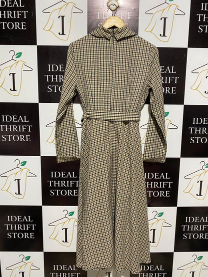 SHEIN |L| BUST 17| WOMEN’S BROWN AND BEIGE CHECKERED MAXI DRESS - TRENCH-STYLE LONG SLEEVE DRESS WITH BELT