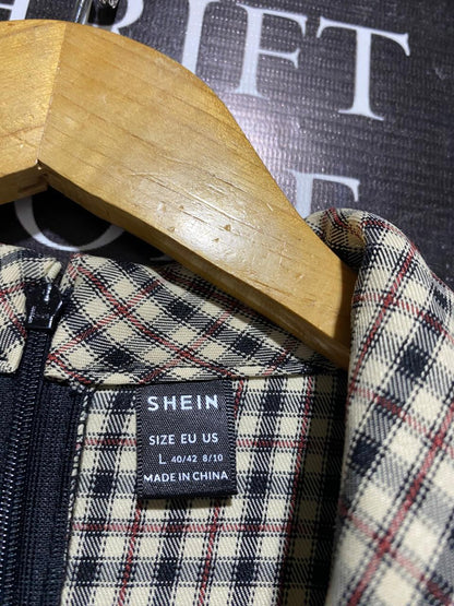 SHEIN |L| BUST 17| WOMEN’S BROWN AND BEIGE CHECKERED MAXI DRESS - TRENCH-STYLE LONG SLEEVE DRESS WITH BELT