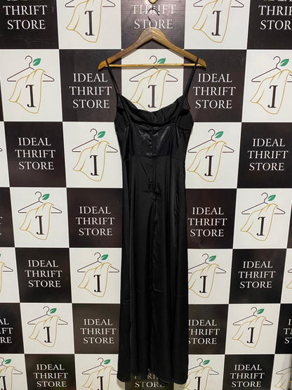 |M| BUST 15| WOMEN’S ELEGANT BLACK SATIN CAMI MAXI DRESS - SLEEK V-NECK SLIP DRESS WITH SPAGHETTI STRAPS |M| BUST 15|