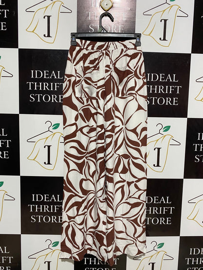 DOTTI |S| WAIST 24| WOMEN’S BROWN AND WHITE ABSTRACT FLORAL WIDE-LEG PALAZZO PANTS WITH ELASTIC WAIST