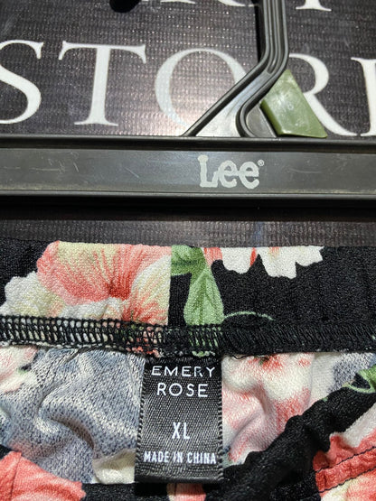 EMERY ROSE |XL| WAIST 30| WOMEN’S BLACK HIGH-WAISTED WIDE-LEG PANTS WITH VIBRANT PINK FLORAL PRINT