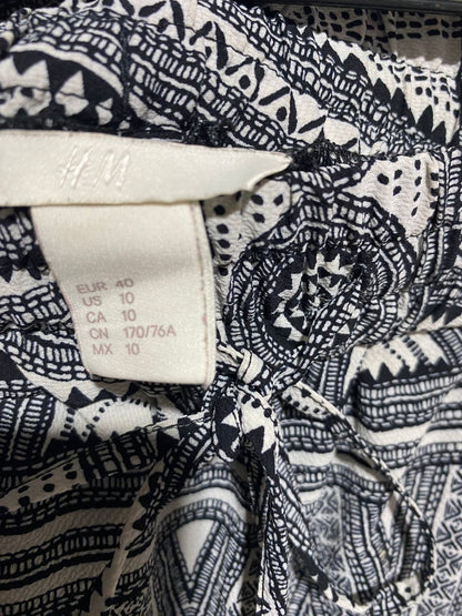 H&M |L| WAIST 30| WOMEN’S BLACK AND WHITE GEOMETRIC PRINT PALAZZO PANTS - BOHO WIDE-LEG TROUSERS WITH TASSEL DETAIL