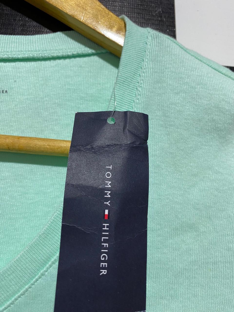 TOMMY HILFIGER |XS| BUST 13| AUTHENTIC MINT GREEN V-NECK TEE – SLIM FIT COTTON STRETCH TOP