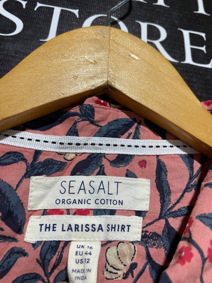 SEASALT |XL| BUST 22| PREMIUM COTTON LONG-SLEEVE BUTTON-DOWN SHIRT – RUST PINK WITH NAVY AND CREAM BOTANICAL PRINT