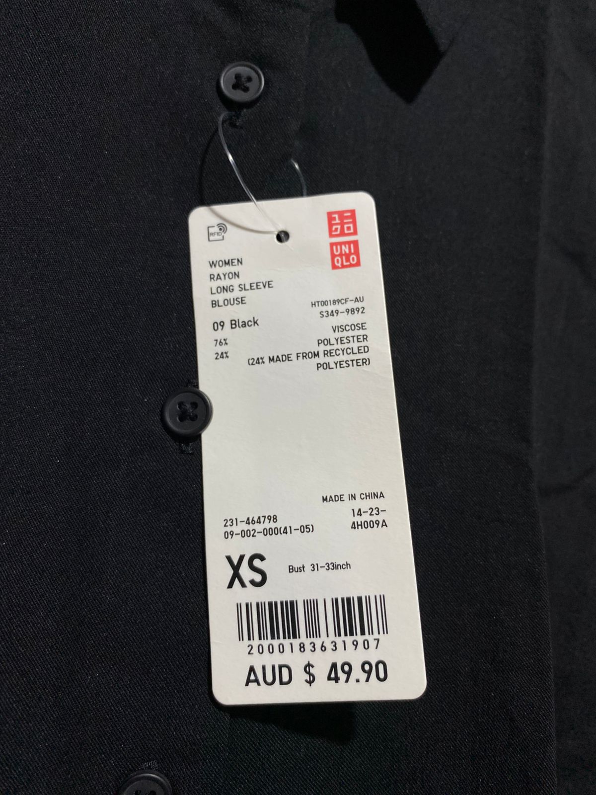 UNIQLO |XS| BUST 19| BLACK LONG-SLEEVE BUTTON-DOWN BLOUSE