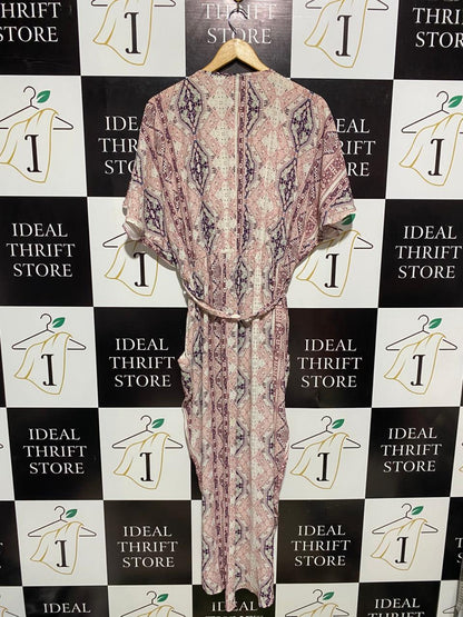 SHEIKE |L| BUST FREE | C3| WOMEN'S BOHEMIAN V-NECK MAXI DRESS – PINK AND PURPLE GEOMETRIC PRINT WITH TIE-WAIST DETAIL