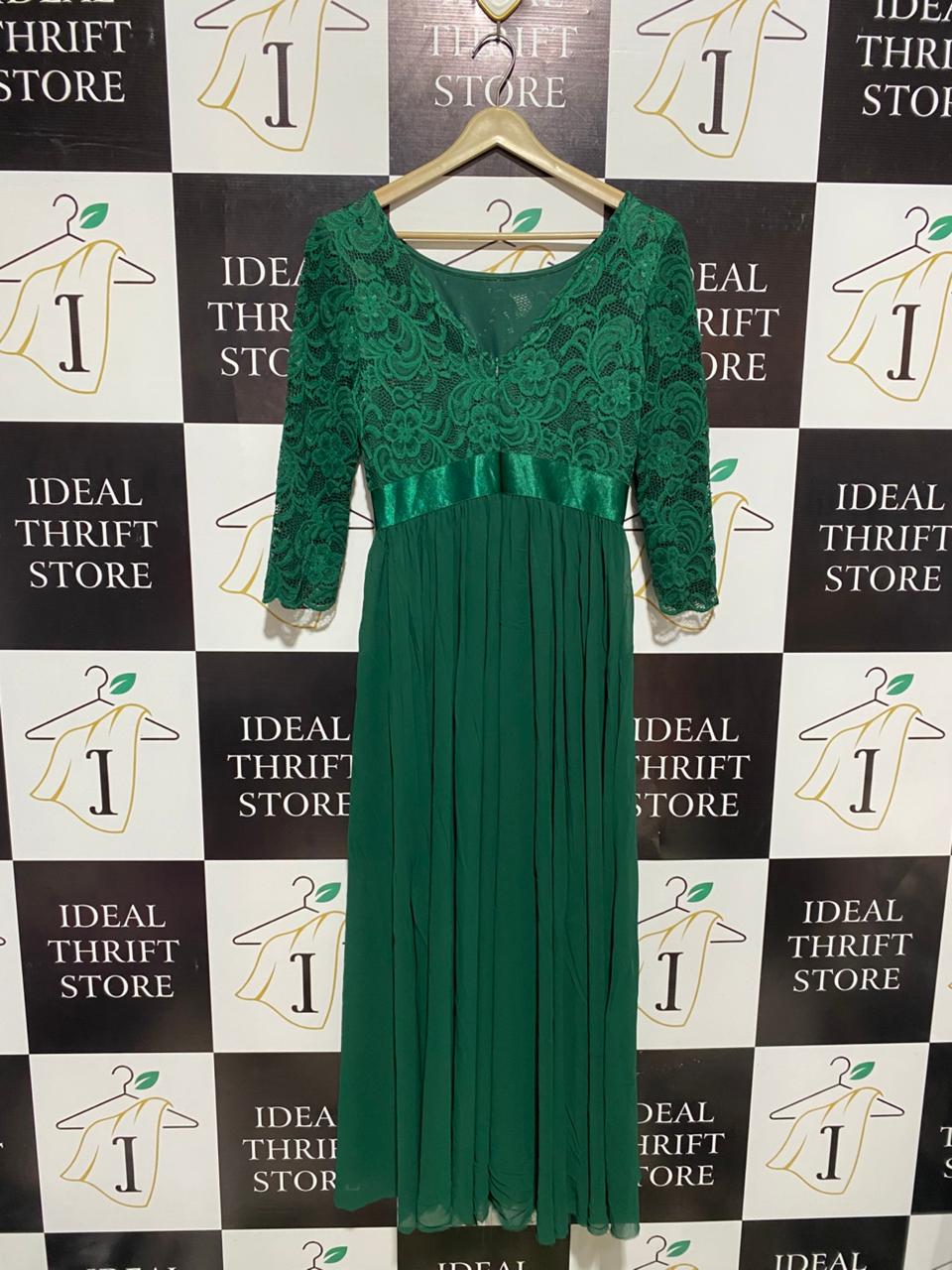 EVER PRETTY |M| BUST 16| C3|  WOMEN'S EMERALD GREEN LACE MAXI GOWN – ELEGANT THREE-QUARTER SLEEVE FORMAL DRESS WITH SATIN WAISTBAND