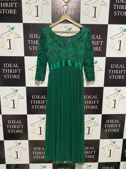 EVER PRETTY |M| BUST 16| C3|  WOMEN'S EMERALD GREEN LACE MAXI GOWN – ELEGANT THREE-QUARTER SLEEVE FORMAL DRESS WITH SATIN WAISTBAND