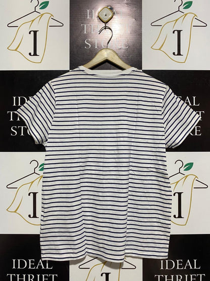 RALPH LAUREN |L| BUST 20|B1| WOMEN’S STRIPED COTTON TEE – CLASSIC NAVY AND WHITE BRETON STRIPE WITH RED PONY LOGO
