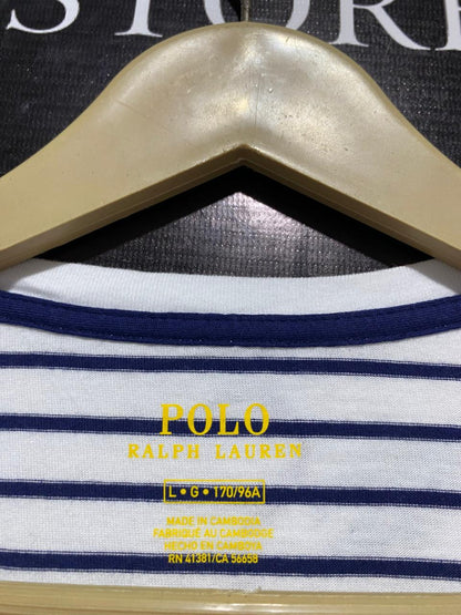 RALPH LAUREN |L| BUST 20|B1| WOMEN’S STRIPED COTTON TEE – CLASSIC NAVY AND WHITE BRETON STRIPE WITH RED PONY LOGO