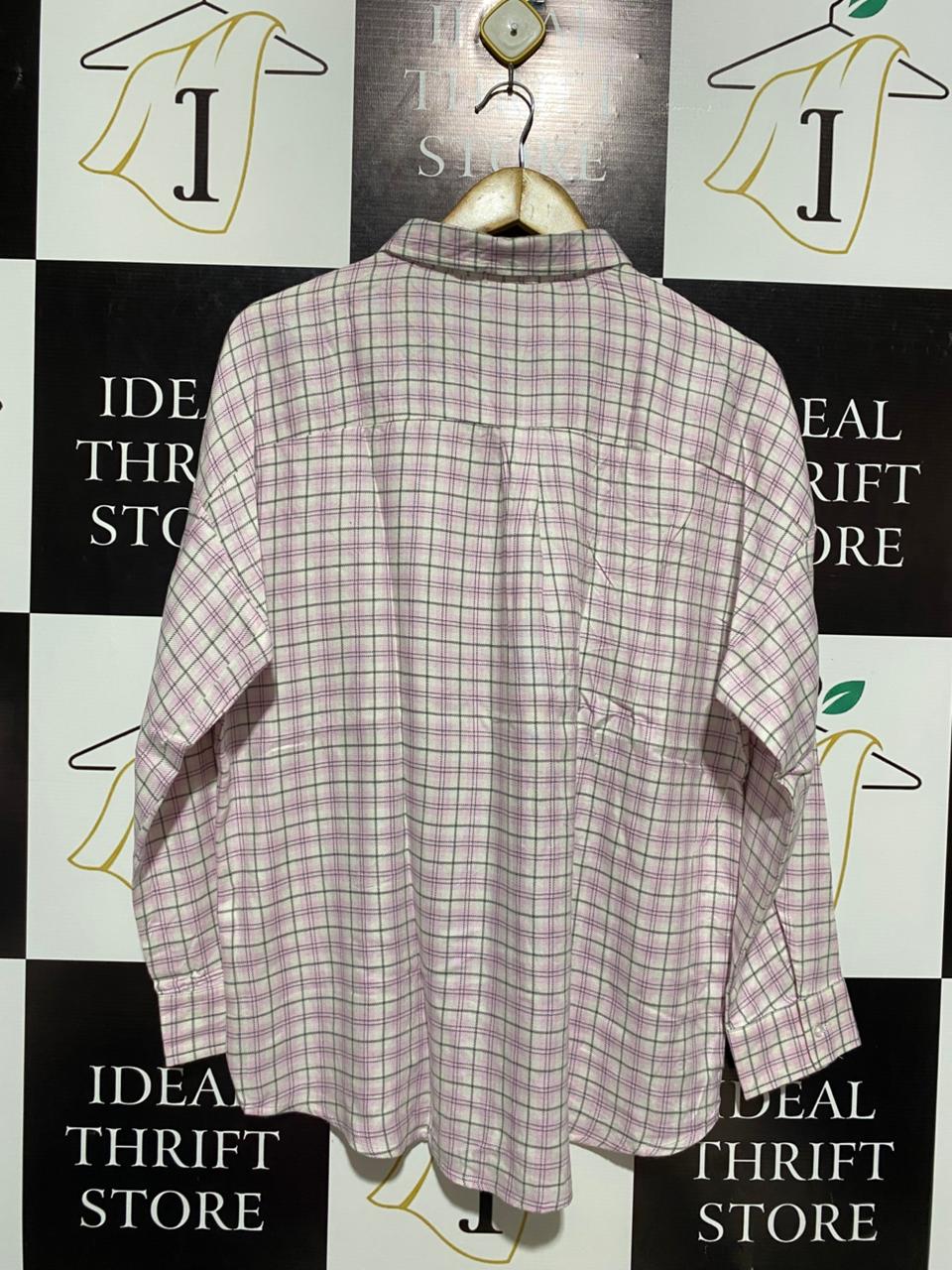 ANKO |XL| BUST 24| WOMEN’S OVERSIZED PLAID FLANNEL SHIRT – PINK, GREY, AND WHITE CHECKERED LONG-SLEEVE TOP