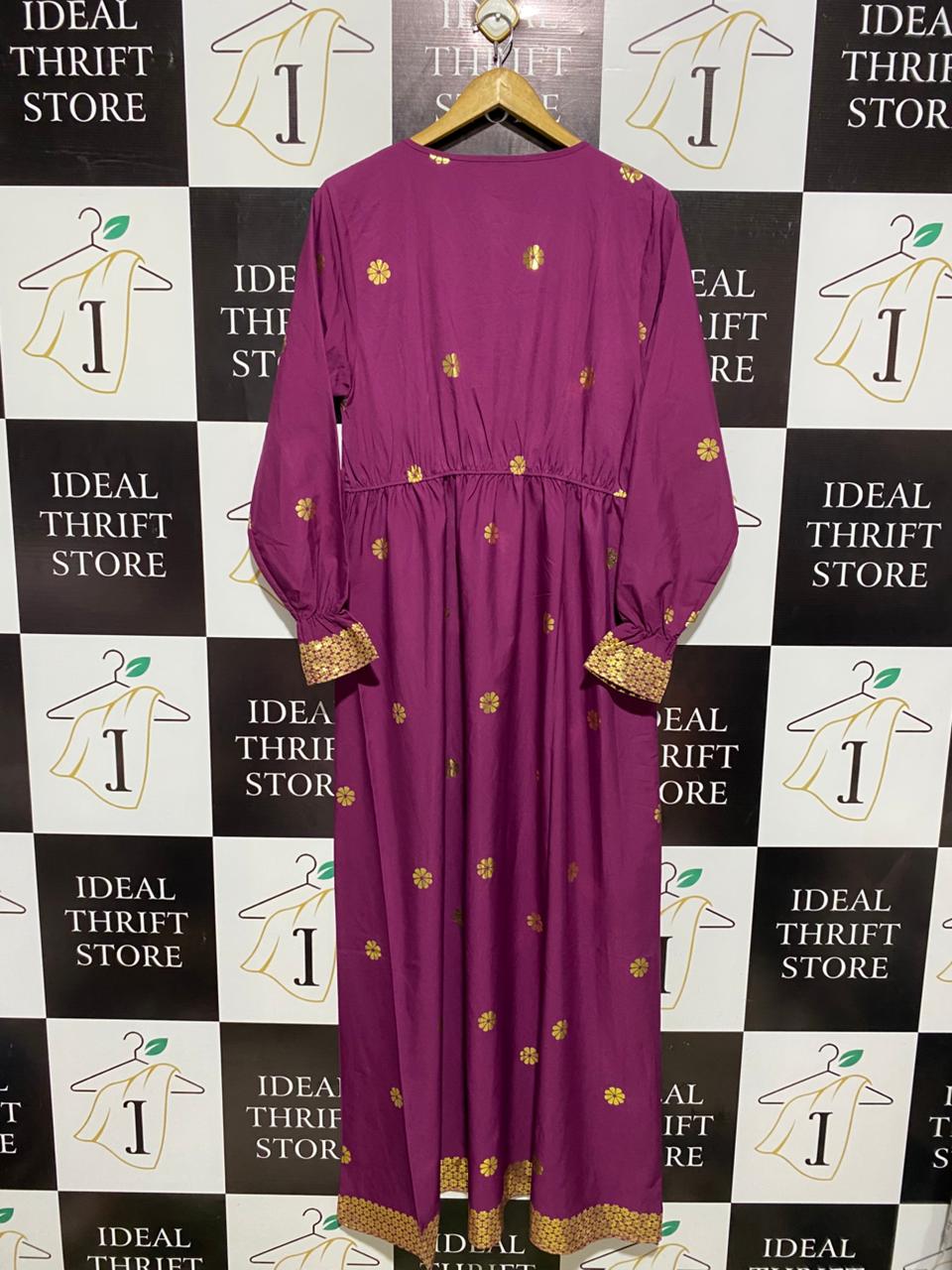 SHEIN |XL| BUST 18| C3| ELEGANT MAGENTA V-NECK MAXI GOWN – LUXURY WRAP DRESS WITH GOLD FLORAL EMBROIDERY AND SMOCKED CUFFS