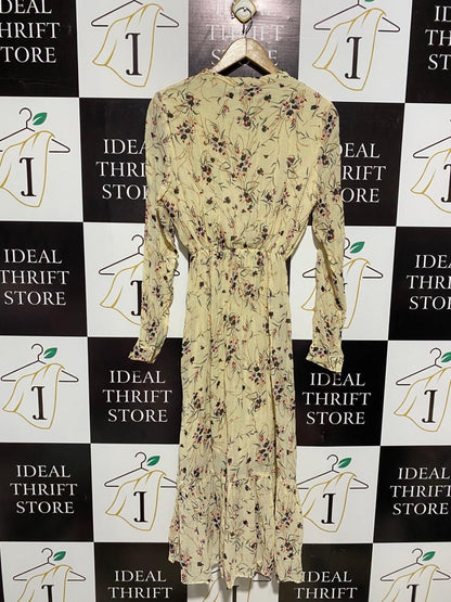 MOLLY YOUNG |M| BUST 16| WOMEN’S CREAM BOTANICAL PRINT MAXI DRESS – ELEGANT V-NECK LONG-SLEEVE GOWN WITH RUFFLE HEM