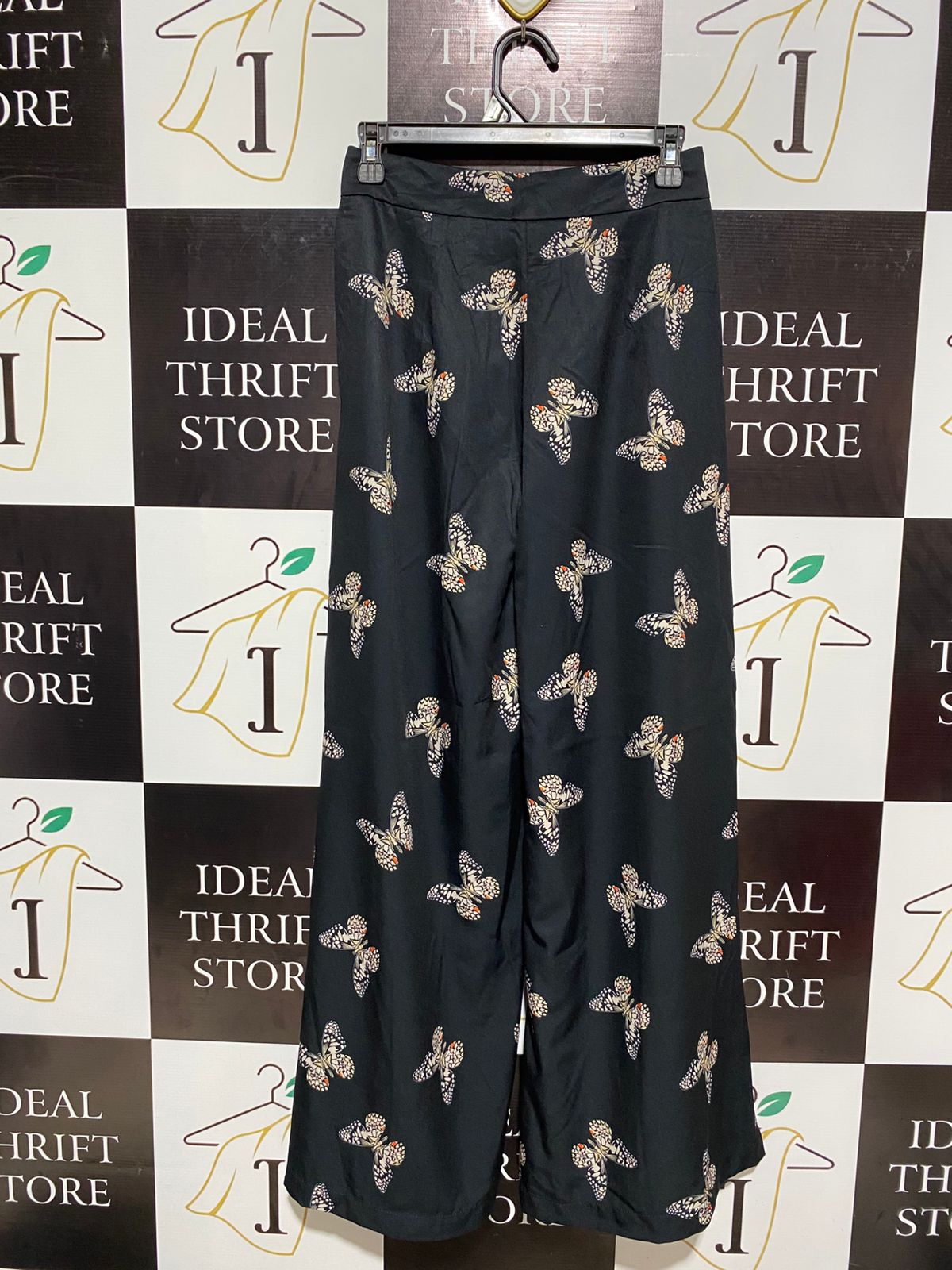 BLACK BUTTERFLY PRINT WIDE-LEG TROUSERS |S| WAIST 27|