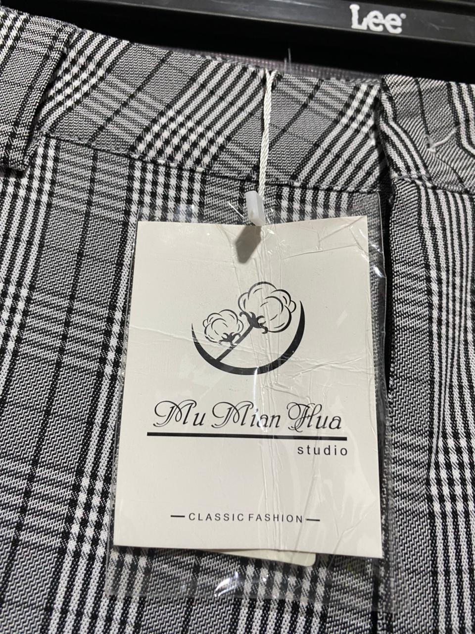 MU MIAN HUA |S| WAIST 24| GREY GLEN CHECK WIDE-LEG TROUSERS