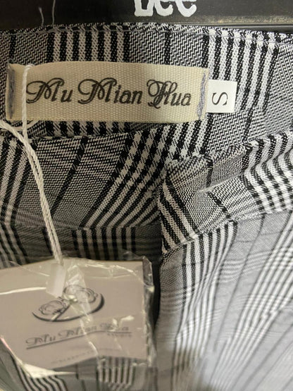 MU MIAN HUA |S| WAIST 24| GREY GLEN CHECK WIDE-LEG TROUSERS