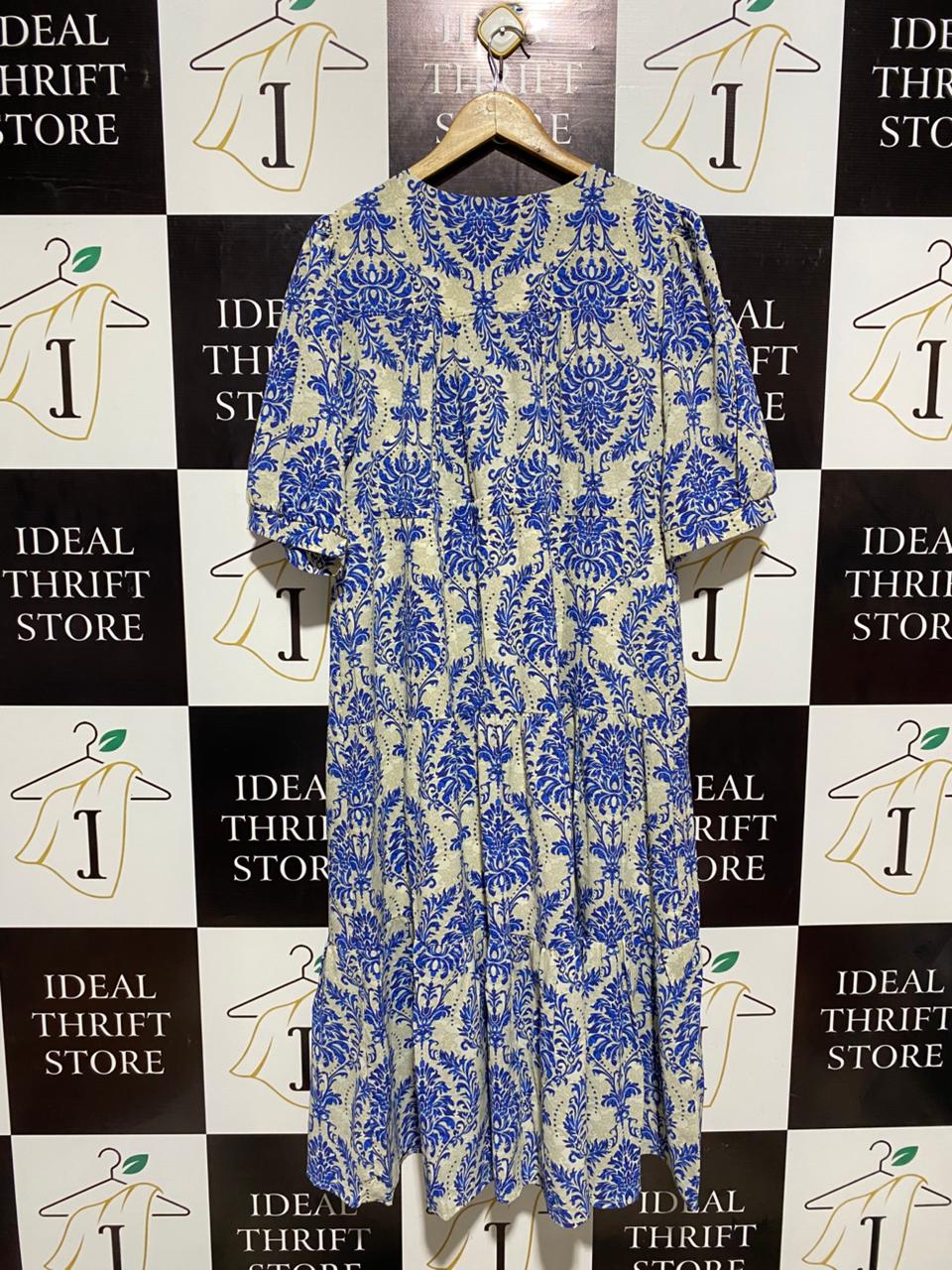 VINTAGE-INSPIRED BLUE DAMASK PRINT MAXI DRESS |L| BUST 20|