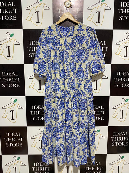 VINTAGE-INSPIRED BLUE DAMASK PRINT MAXI DRESS |L| BUST 20|