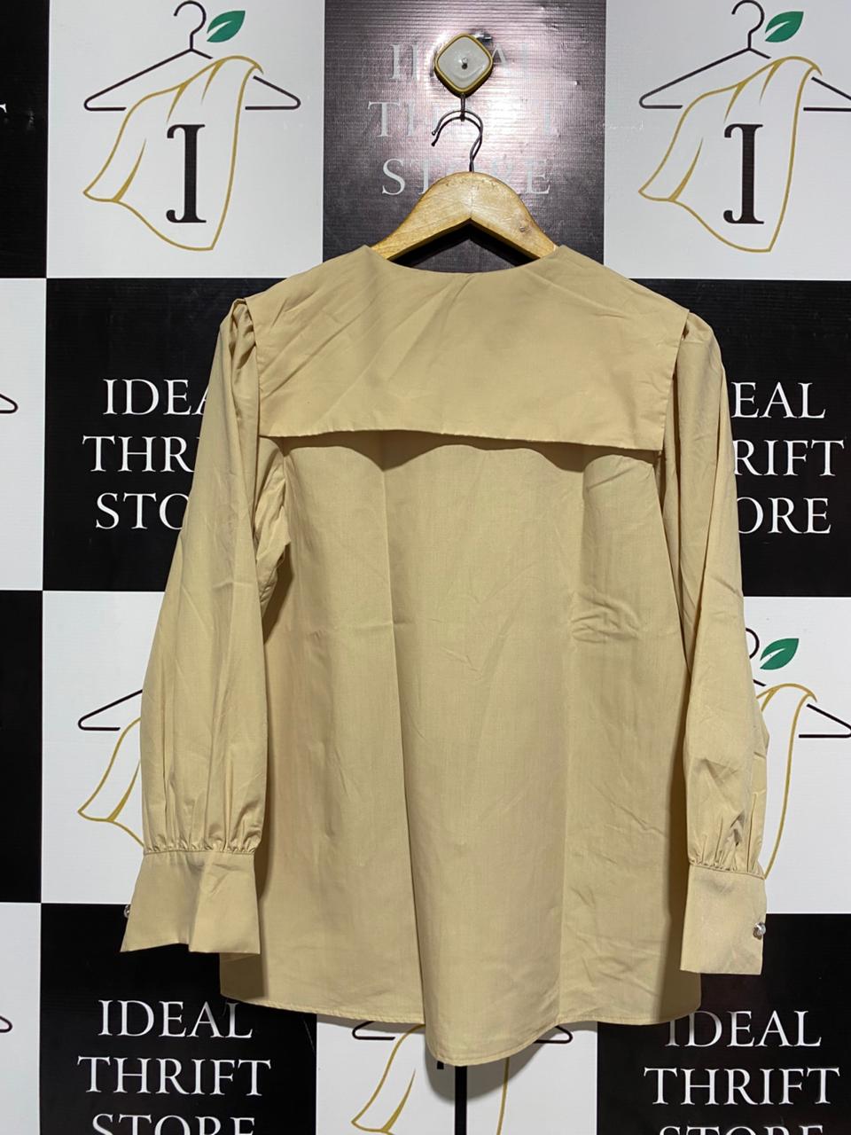 LIIN |L| BUST 19| VINTAGE-INSPIRED BEIGE BUTTON-UP BLOUSE WITH DRAMATIC OVERSIZED COLLAR