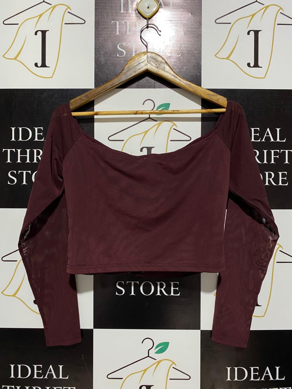 DAZIE |M| BUST 17|B17| BURGUNDY LONG SLEEVE WRAP CROP TOP CHIC RIBBED JERSEY PULLOVER