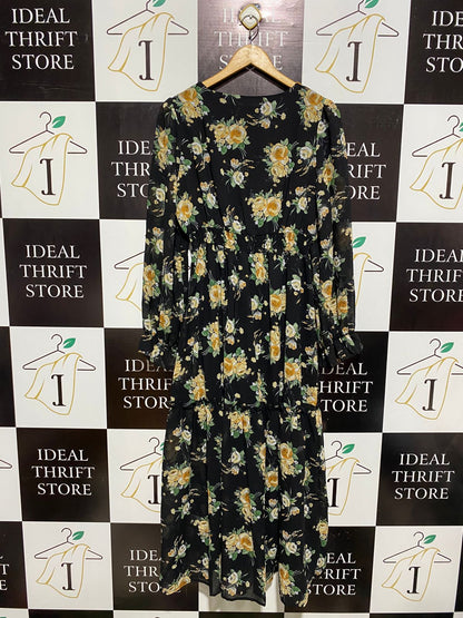 SHEIN |L| BUST 18| C3| ELEGANT BLACK FLORAL LONG-SLEEVE MAXI DRESS WITH RUFFLE DETAILS