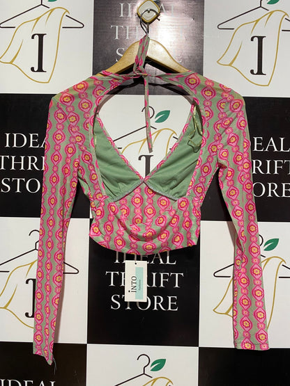 INTO |S| BUST 14|C2| STYLE PINK AND GREEN GEOMETRIC PRINT CROP TOP
