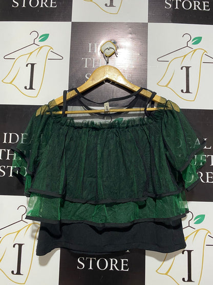 KLG |M/L| BUST 18| ELEGANT FOREST GREEN MULTI-TIERED MESH RUFFLE TOP