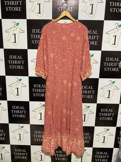 IRIS MAXI |XL| BUST 20| PINK FLORAL MAXI DRESS ROMANTIC V-NECK HIGH-LOW BUTTON-FRONT SUMMER GOWN