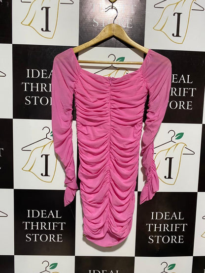 HELLO MOLLY |S| BUST 13| C3| STUNNING CANDY PINK RUCHED BODYCON MINI DRESS