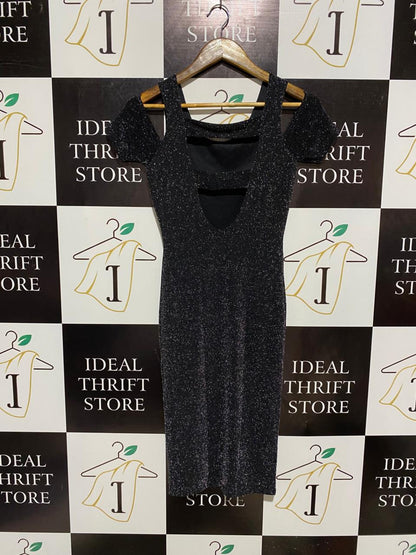 ELEGANT BLACK SHIMMER COLD-SHOULDER MINI DRESS |S| BUST 14|