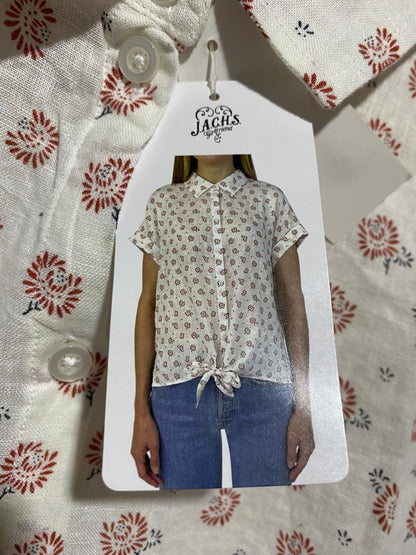 JACHS |S| BUST 21| FLORAL LINEN-BLEND SHORT SLEEVE SHIRT