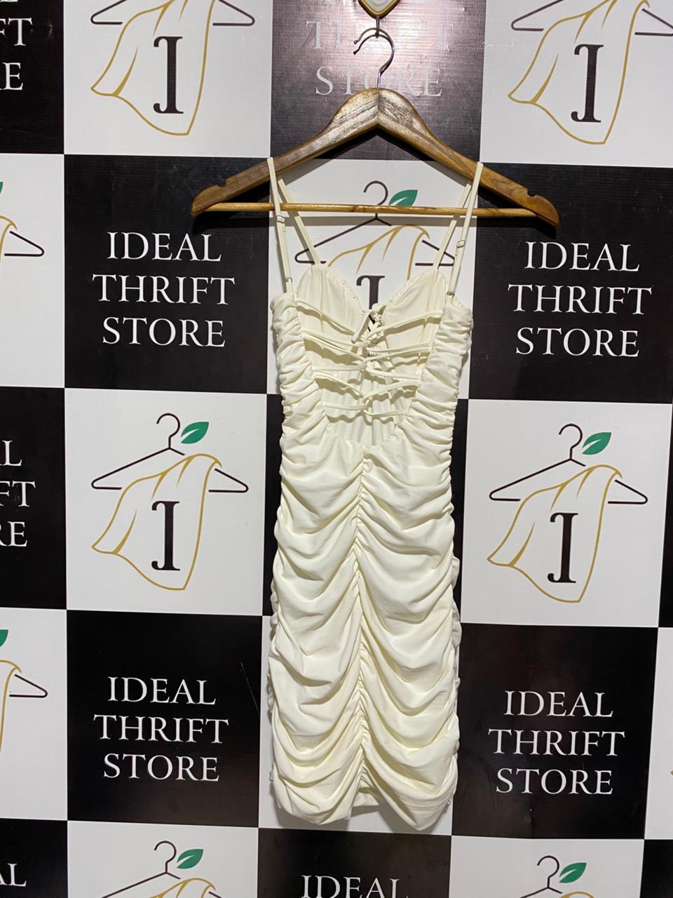 TIGER MIST |XS| BUST 11| C5|OFF-WHITE RUCHED MINI DRESS - CHIC ADJUSTABLE STRAP BODYCON PARTY DRESS WITH TIE-FRONT DETAIL