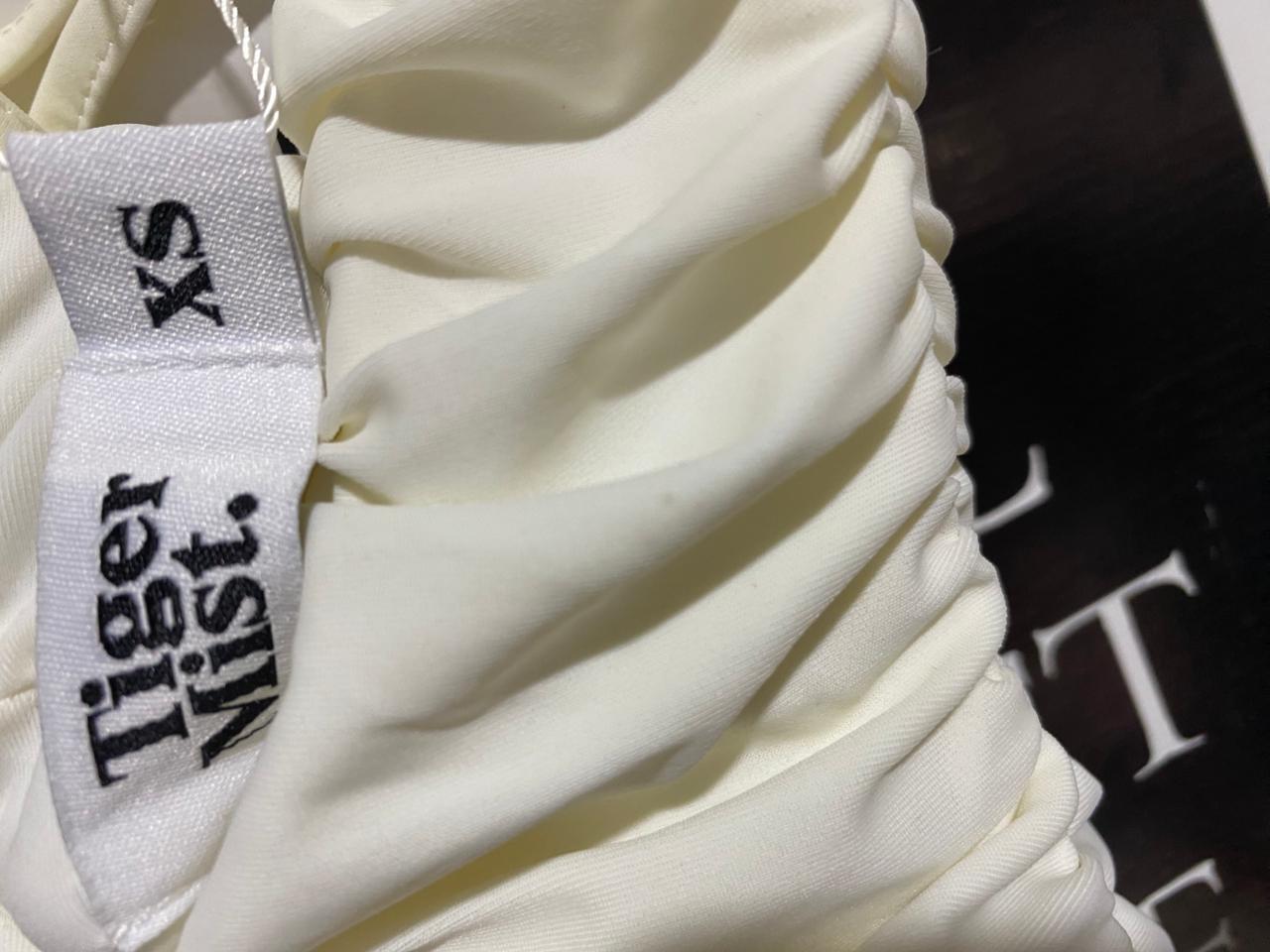 TIGER MIST |XS| BUST 11| C5|OFF-WHITE RUCHED MINI DRESS - CHIC ADJUSTABLE STRAP BODYCON PARTY DRESS WITH TIE-FRONT DETAIL