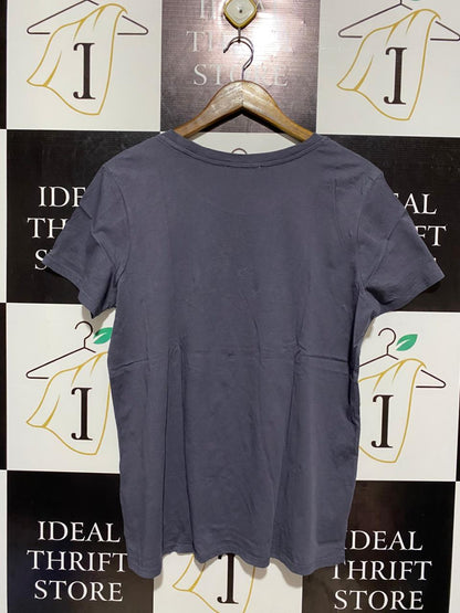 SOHO |S| BUST 21| C1|  VINTAGE CHARCOAL GREY SHORT SLEEVE COTTON SHIRT WITH GLITTER TEXT LOGO