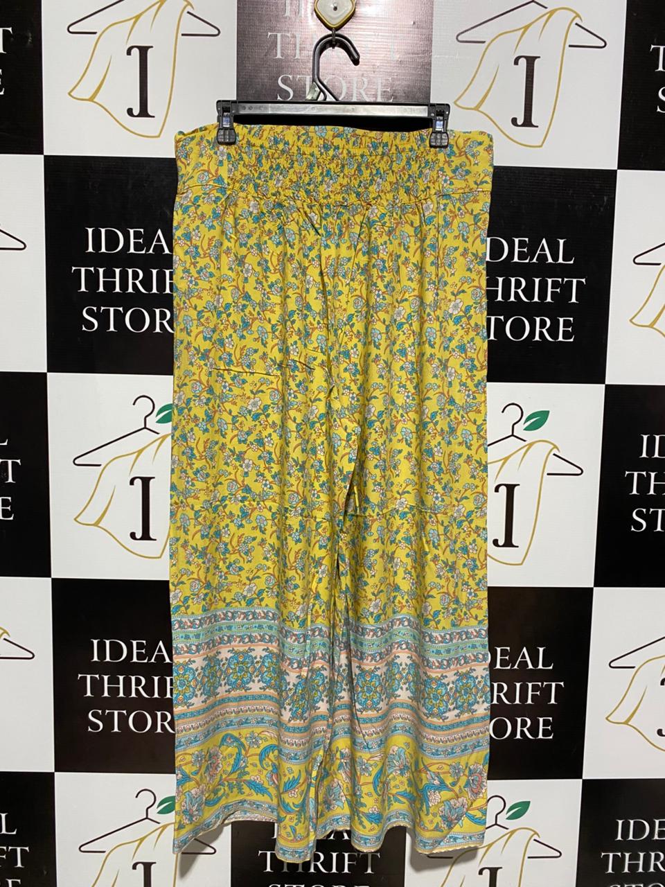 NEW U COLLECTION |XL| WAIST 33| SUNSHINE FLORAL WIDE-LEG TROUSERS VIBRANT YELLOW PALAZZO