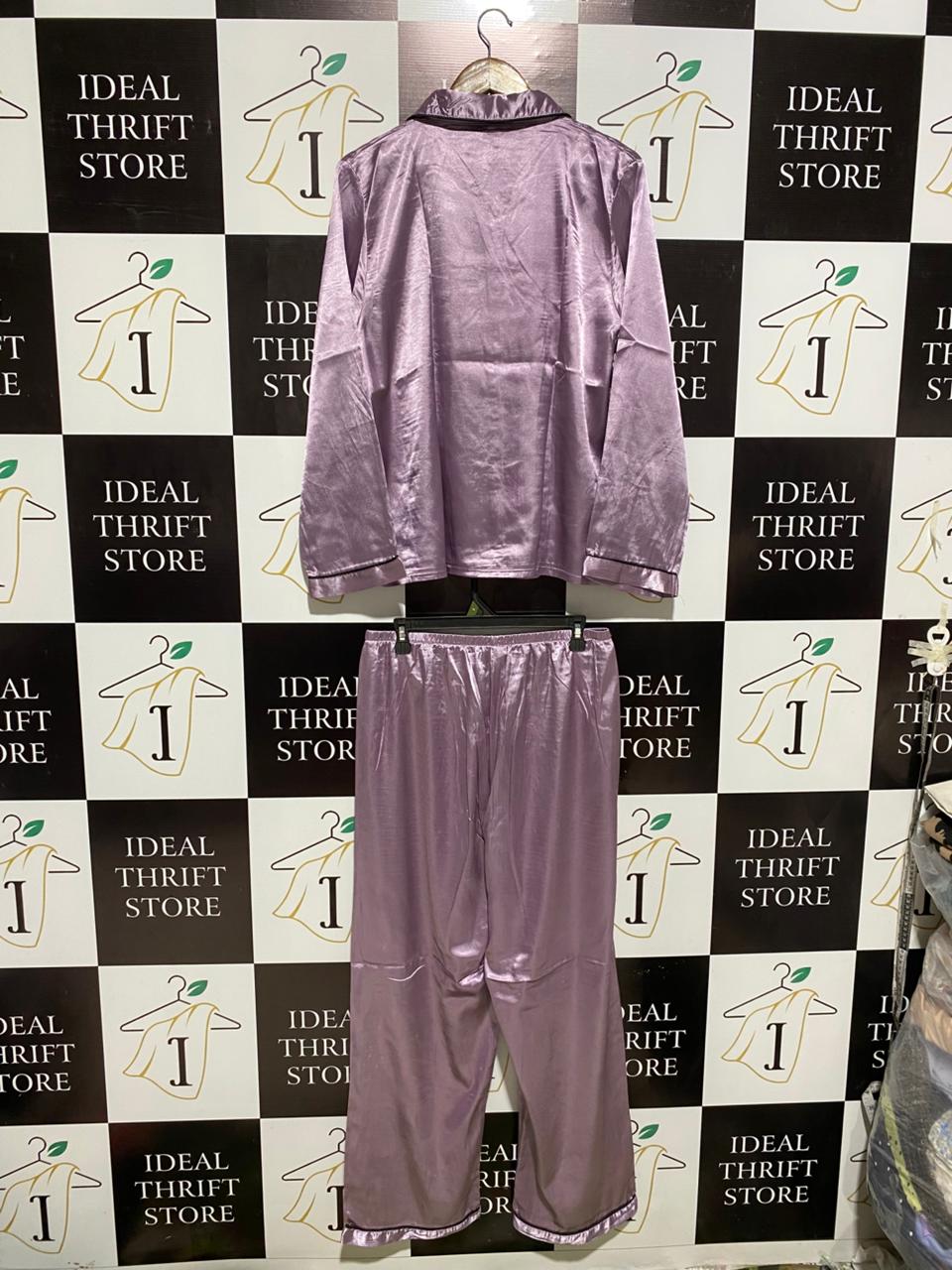 |XL| B2| LUXE MAUVE SILK-SATIN PAJAMA SET - LONG-SLEEVE BUTTON-DOWN & MATCHING TROUSERS