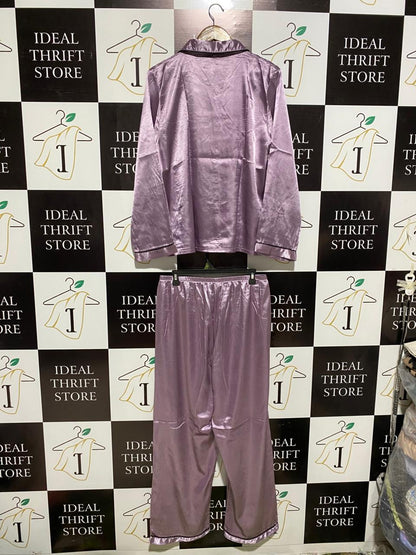 |XL| B2| LUXE MAUVE SILK-SATIN PAJAMA SET - LONG-SLEEVE BUTTON-DOWN & MATCHING TROUSERS
