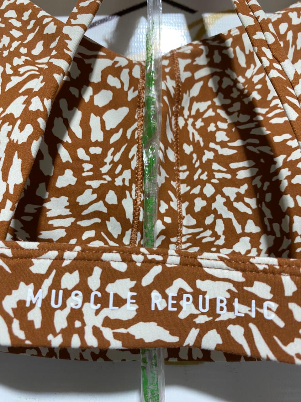MUSCLE REPUBLIC |XS| CHIC RUST TERRACOTTA ABSTRACT PRINT ACTIVEWEAR SET - CROSS-BACK SPORTS BRA & LEGGINGS
