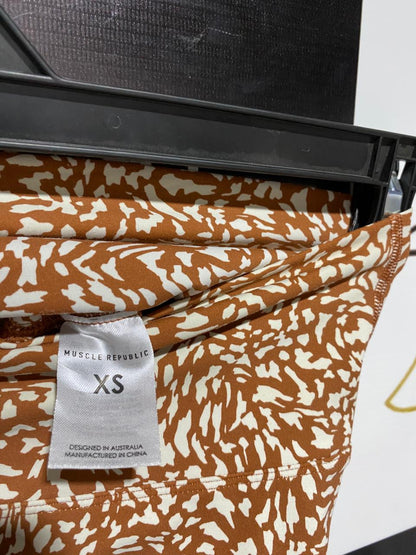MUSCLE REPUBLIC |XS| CHIC RUST TERRACOTTA ABSTRACT PRINT ACTIVEWEAR SET - CROSS-BACK SPORTS BRA & LEGGINGS