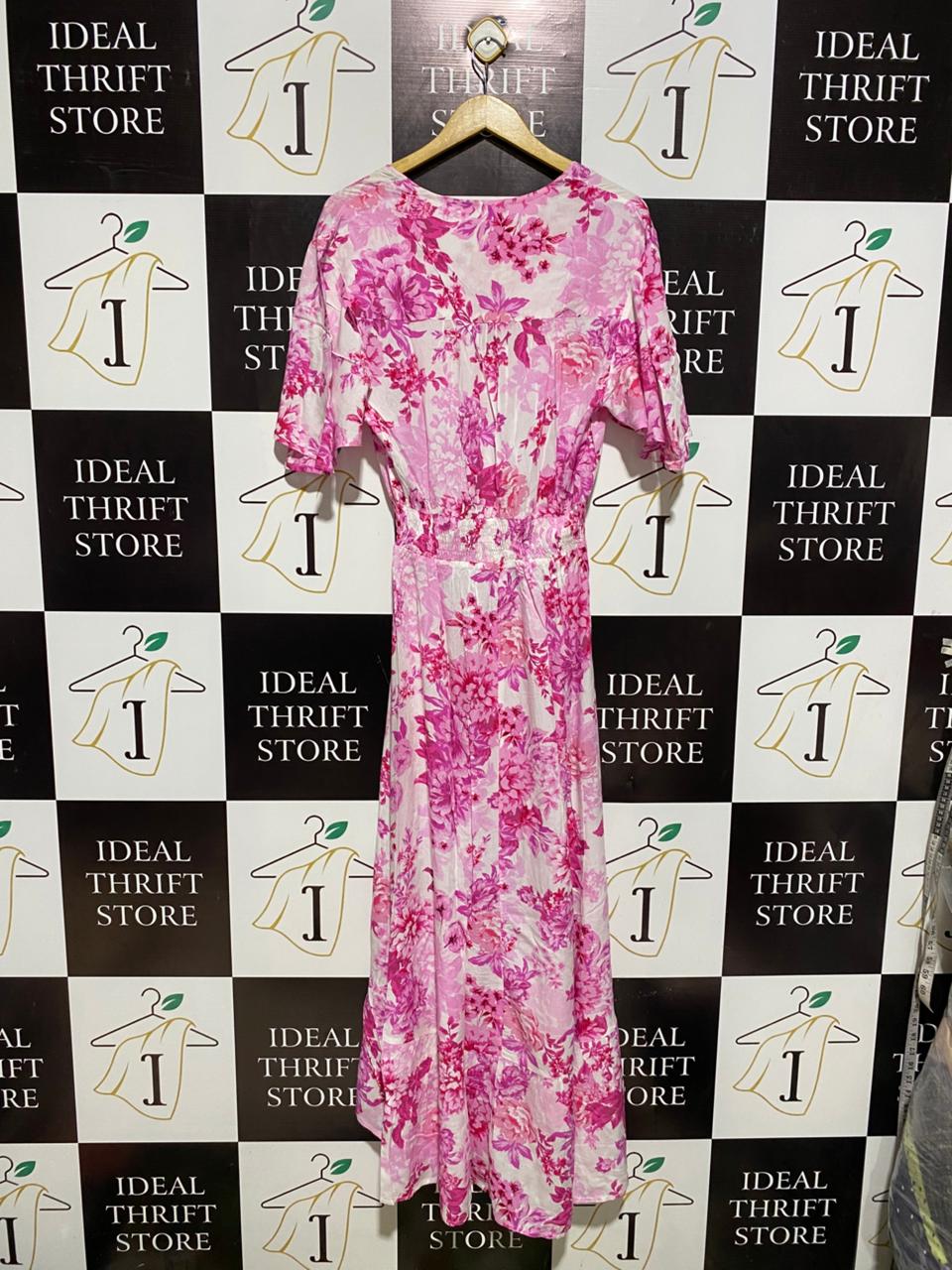 ABEL THE LABEL |L| BUST 17| VIBRANT PINK FLORAL MIDI DRESS - V-NECK WITH HIGH-LOW HEMLINE