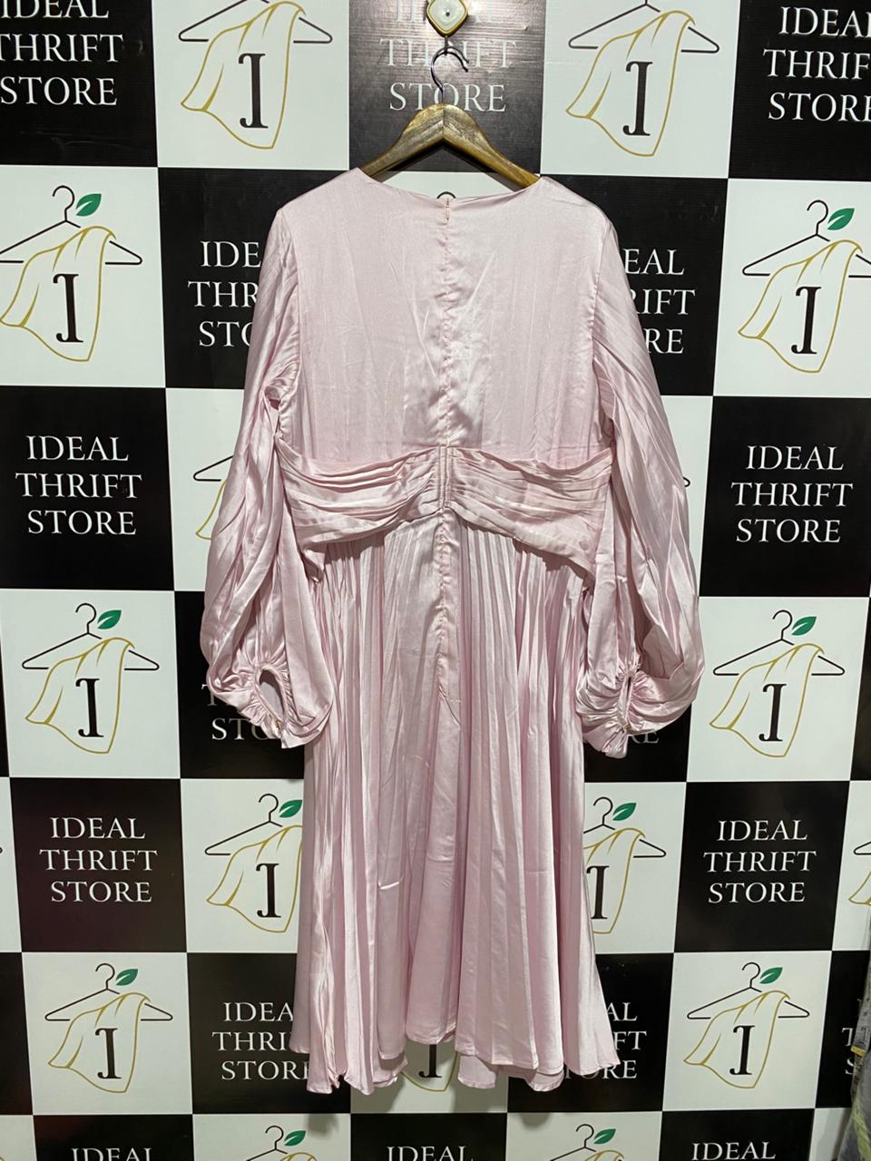 SPICY SUGAR |XL| BUST 21| ETHEREAL PALE PINK SATIN MIDI DRESS - PLEATED V-NECK WITH DRAMATIC BALLOON SLEEVES