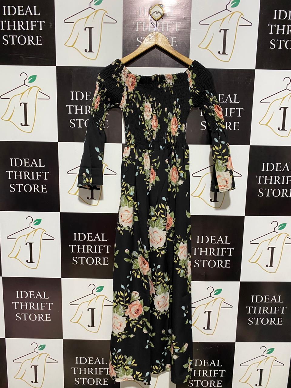 MALIBU |XS| BUST 11| ELEGANT OFF-THE-SHOULDER FLORAL MAXI DRESS - SMOCKED BODICE WITH BELL SLEEVES