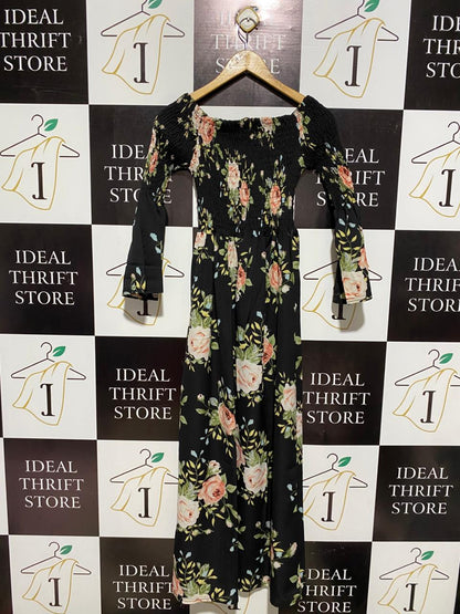 MALIBU |XS| BUST 11| ELEGANT OFF-THE-SHOULDER FLORAL MAXI DRESS - SMOCKED BODICE WITH BELL SLEEVES