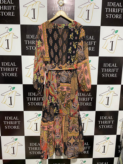 SHEIN |L| BUST 18| C5| BOHEMIAN MULTICOLOR PAISLEY MAXI DRESS - V-NECK WITH TIE WAIST