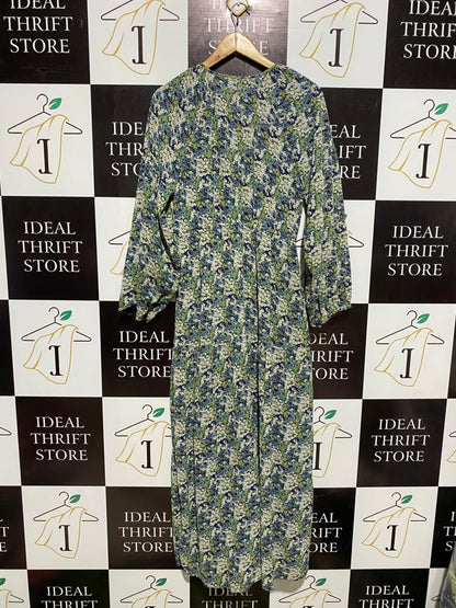 VIBRANT TEAL BOTANICAL PRINT MIDI DRESS - V-NECK WITH TIE WAIST |L| BUST 18|