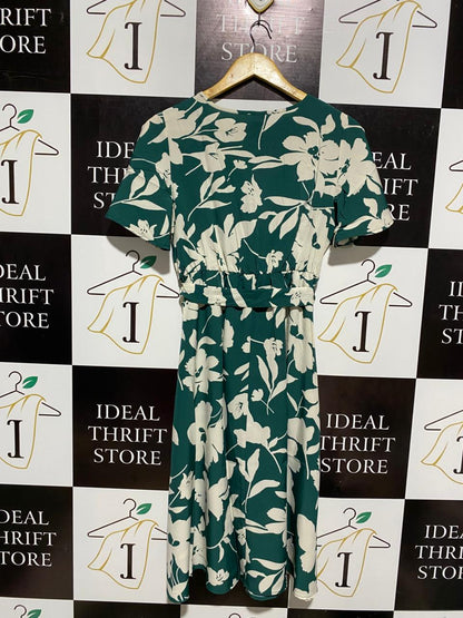 EMERY ROSE |M| BUST 18| C4|VIBRANT TEAL BOTANICAL PRINT MIDI DRESS - V-NECK WITH TIE WAIST