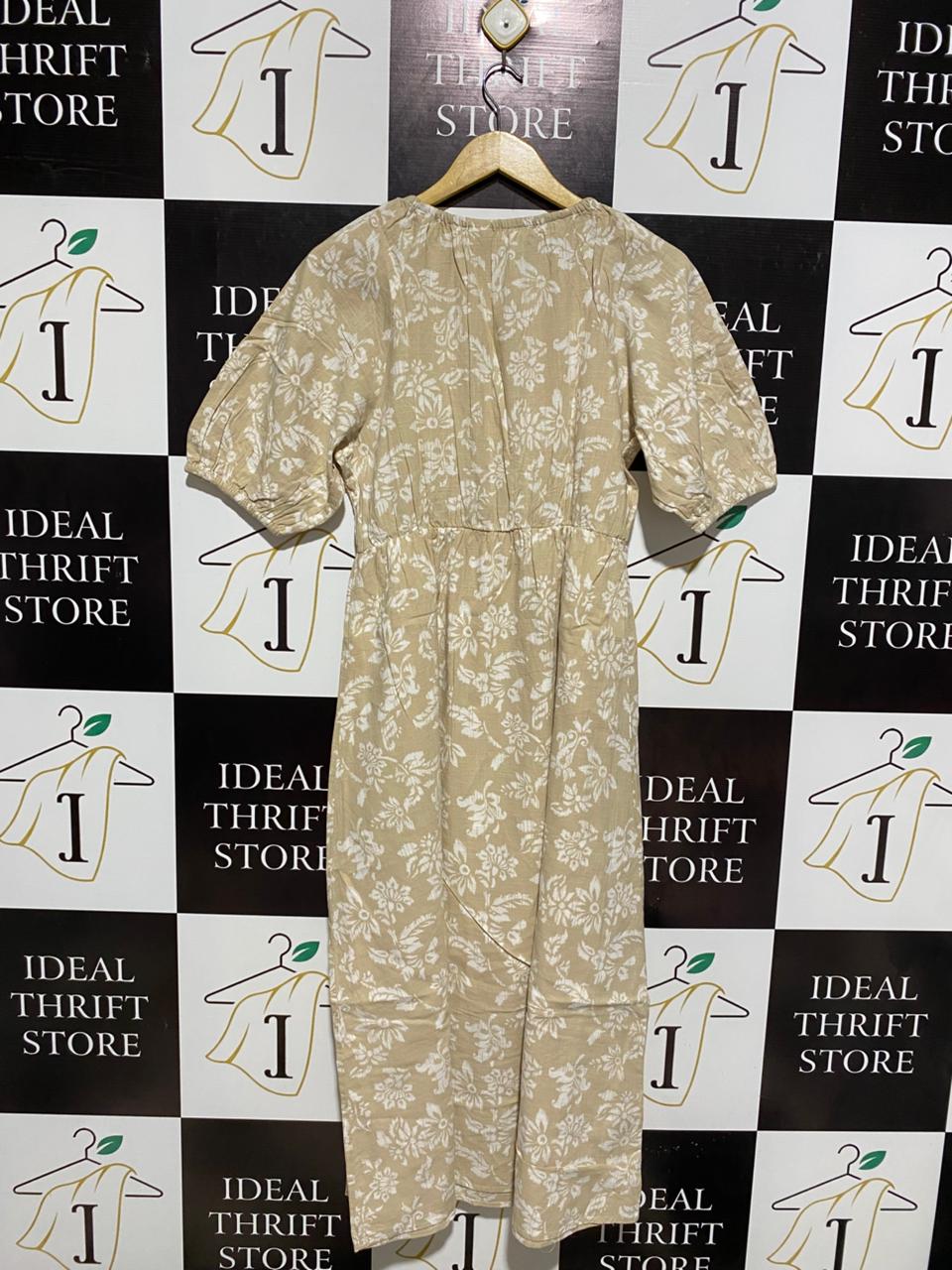ANKO |L| BUST 18| C5| VINTAGE-INSPIRED FLORAL PUFF SLEEVE MAXI DRESS - EARTHY BEIGE & CREAM
