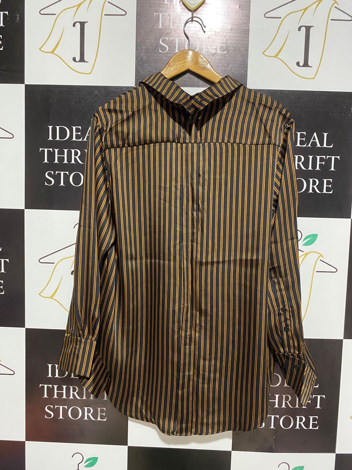 ZARA WOMAN |XS| BUST 21| WOMEN’S BLACK AND TAN VERTICAL STRIPED BUTTON-DOWN SHIRT