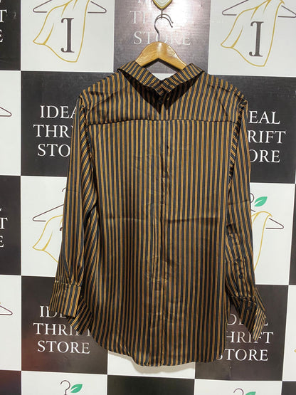 ZARA WOMAN |XS| BUST 21| WOMEN’S BLACK AND TAN VERTICAL STRIPED BUTTON-DOWN SHIRT